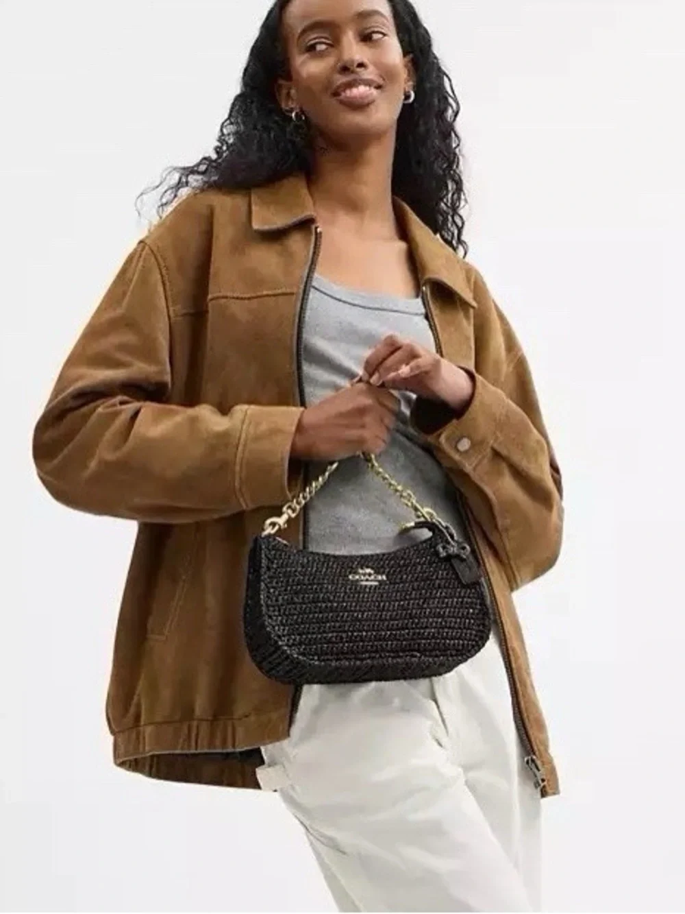NWT Coach Teri Shoulder Crossbody Bag In Woven Straw & Leather Gold Black CBI17 - Picture 13 of 14